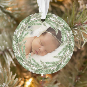Elégant Pine Wreath Photo Baby First Christmas