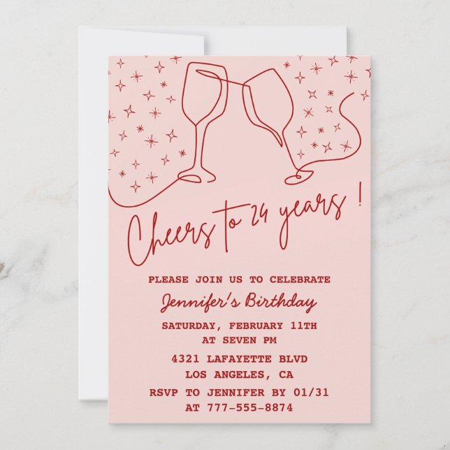Elegant Pink 24th birthday invitations Cheers  (Devant)