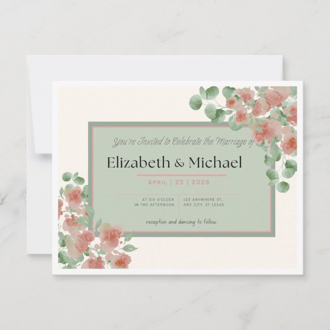 Elegant Pink and Green Wedding Invitation (Devant)