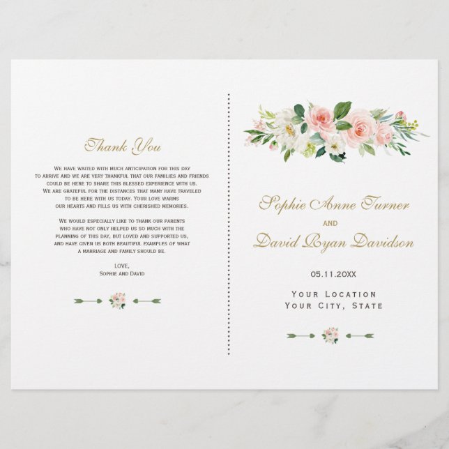 Élégant Pink blush Cream Floral Wedding Programme (Devant)