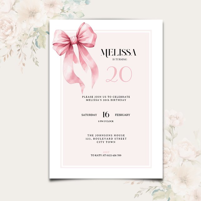 Elegant Pink Bow 20th Birthday Invitation (Créateur téléchargé)