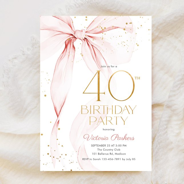 Elegant Pink Bow 40th Birthday Invitation (Créateur téléchargé)