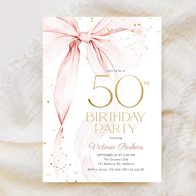 Elegant Pink Bow 50th Birthday Invitation (Créateur téléchargé)