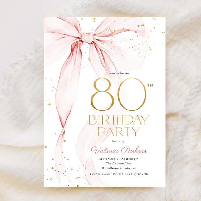 Elegant Pink Bow 80th Birthday Invitation (Créateur téléchargé)