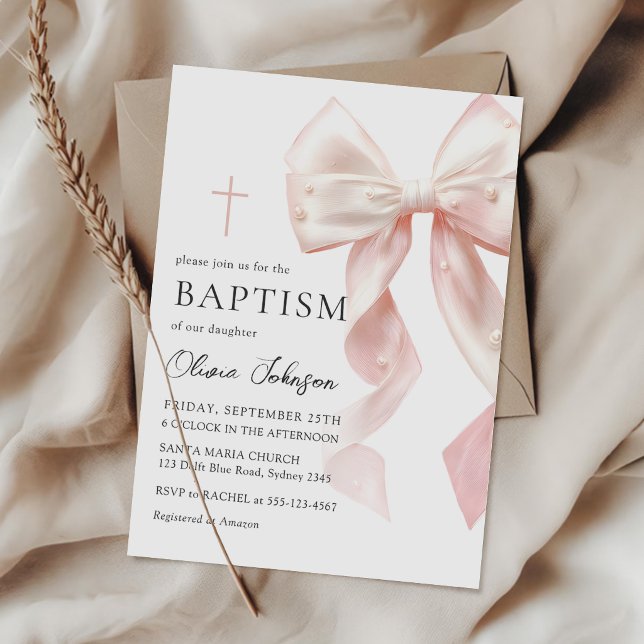 Elegant Pink Bow Baptism Girl Invitation (Créateur téléchargé)