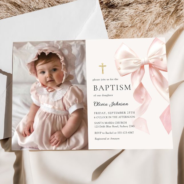 Elegant Pink Bow Baptism Girl Photo Invitation (Créateur téléchargé)