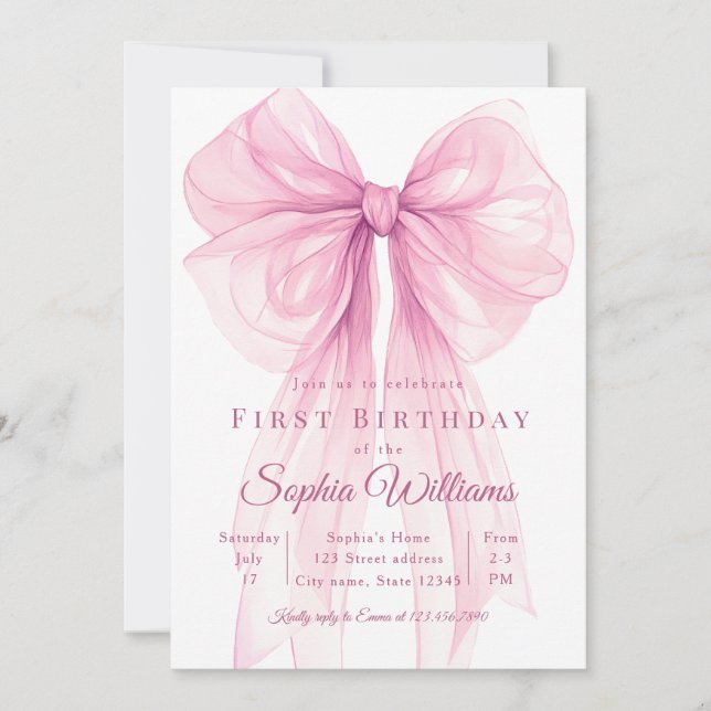 Elegant Pink Bow First Birthday Invitation (Devant)
