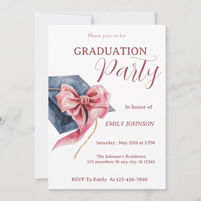 Elegant Pink Bow Graduation Party Invitation  (Dos)