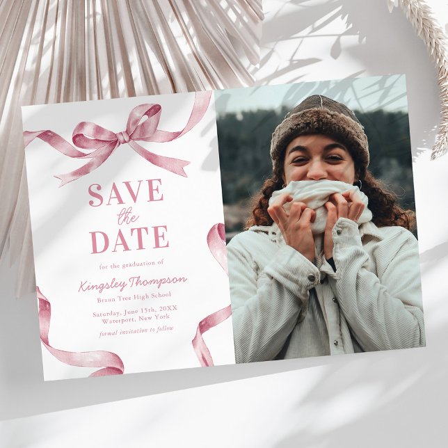 Elegant Pink Bow Graduation Save the Date (Créateur téléchargé)