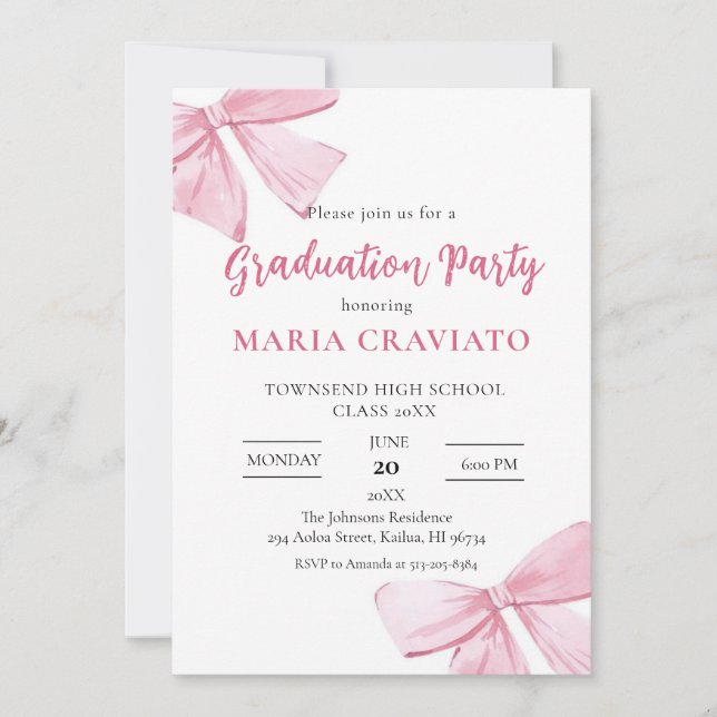 Élégant Pink Bows Graduation Party Invitation (Devant)
