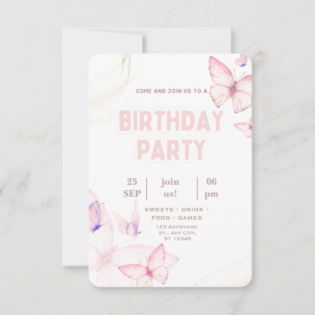Elegant Pink Butterfly Birthday Party Invitation  (Devant)
