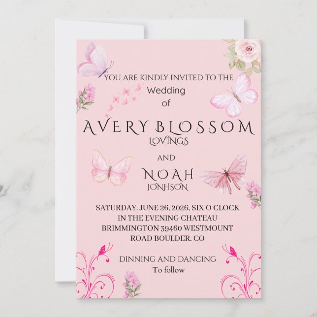 Elegant Pink Butterfly Wedding Invitation | Edit (Devant)