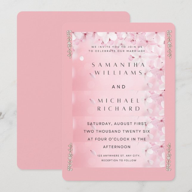 Elegant Pink Cherry Blossom Wedding Invitation - C (Devant / Derrière)