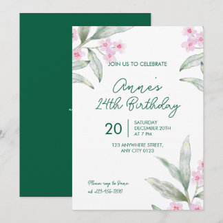 Elegant Pink Floral 24th Birthday Invitation