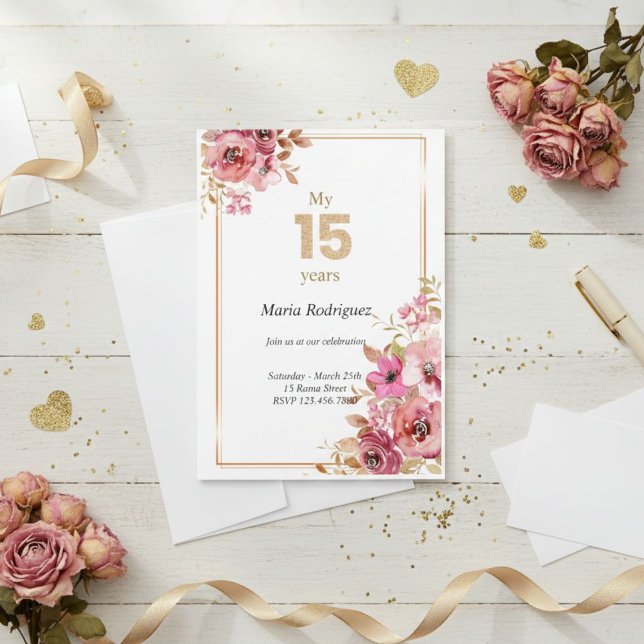 Elegant Pink Floral and Gold Sweet 15 Invitation (Créateur téléchargé)