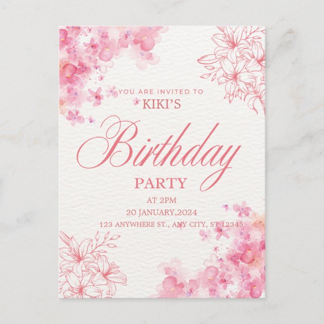 Elegant Pink Floral Birthday Invitation (Devant)