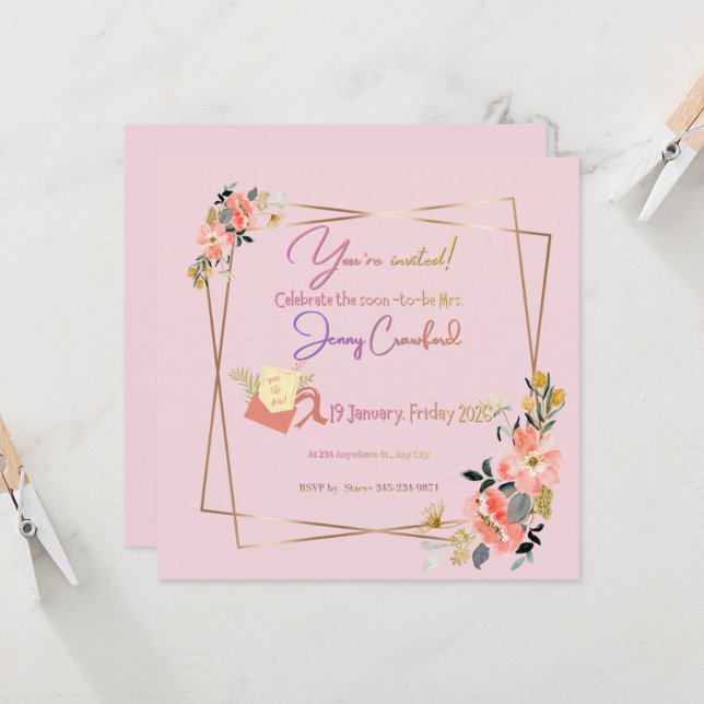 Elegant Pink Floral Bridal Shower Invitation | Mod (Devant/Arrière en situation)