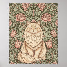 Elegant Pink Floral Cat Poster William Morris Art 