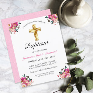 Élégant PInk Floral Gold Cross Baptism Invitation