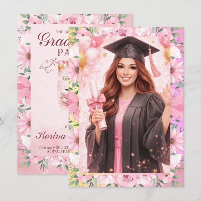 Elegant Pink Floral Graduation Party Invitation (Devant / Derrière)