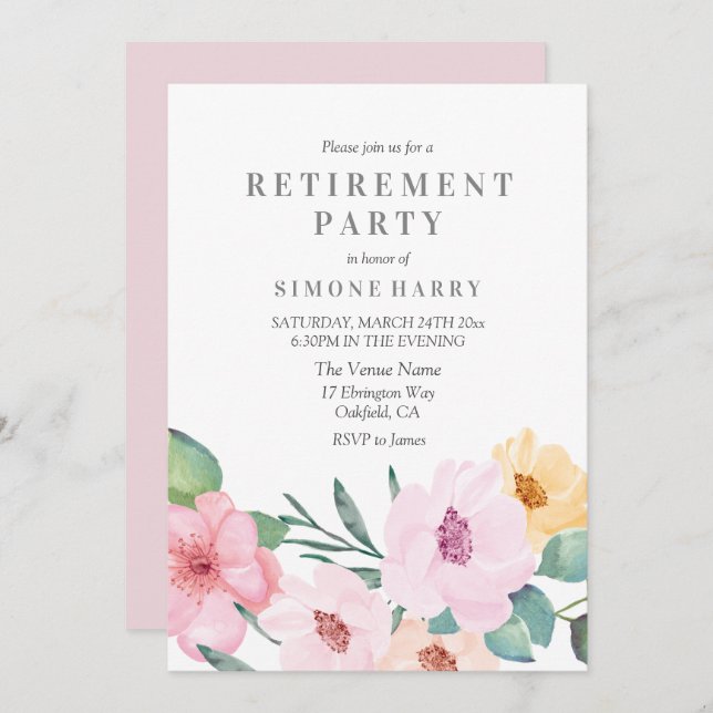 Élégant Pink Floral Retraite Party Invitation (Devant / Derrière)
