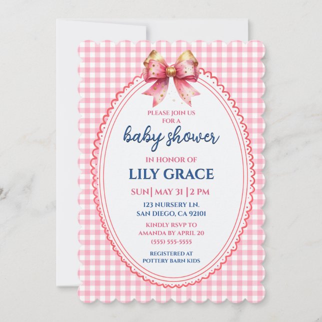 Elegant Pink Gingham & Bow Baby Shower Invitation (Devant)