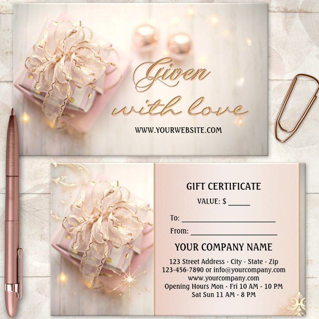 Élégant Pink Gold Holidays Certificat cadeau (Festive gift certificate template featuring a boho chic gift package with sparkling lights.)