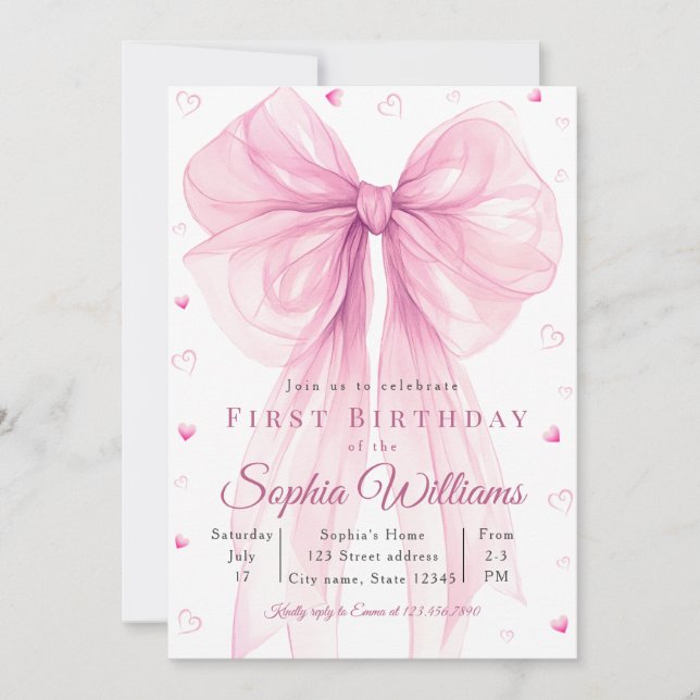 Elegant Pink Heart Bow Baby Shower Invitation (Devant)