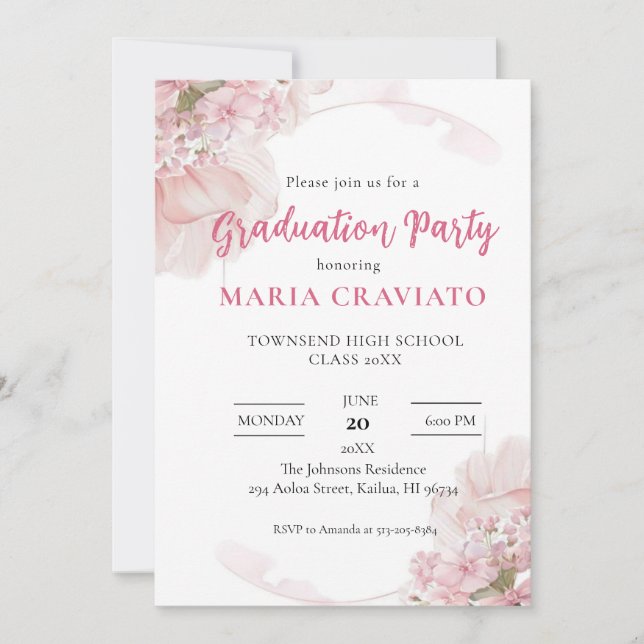 Élégant Pink Hydrangea Graduation Party Invitation (Devant)
