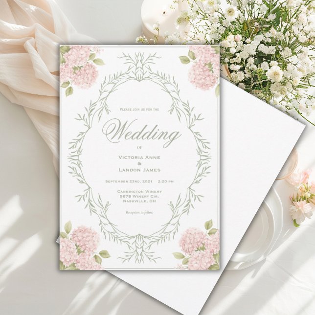 Elegant Pink Hydrangeas Vintage Wedding Invitation (Créateur téléchargé)