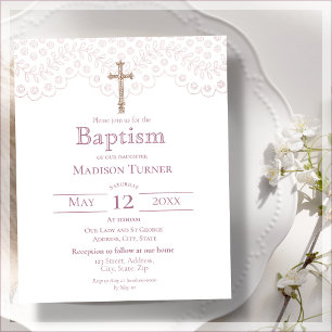 Elegant Pink Lace   Baptism Invitation