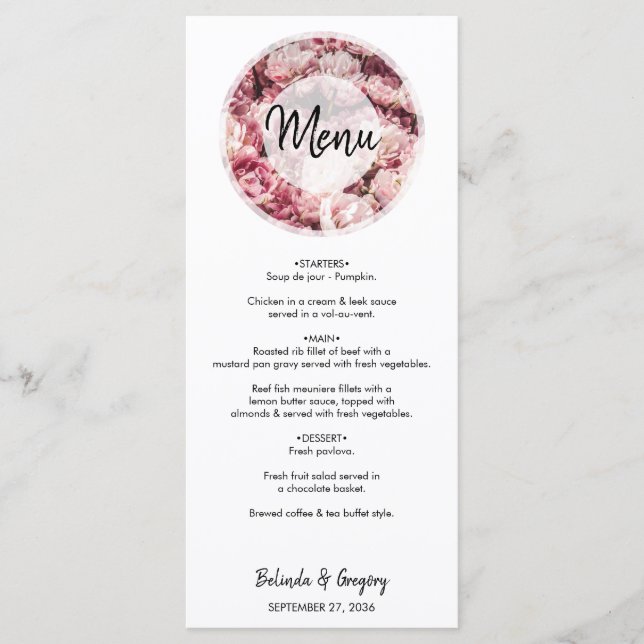 Élégant Pink Peonies Menu Mariage (Devant)