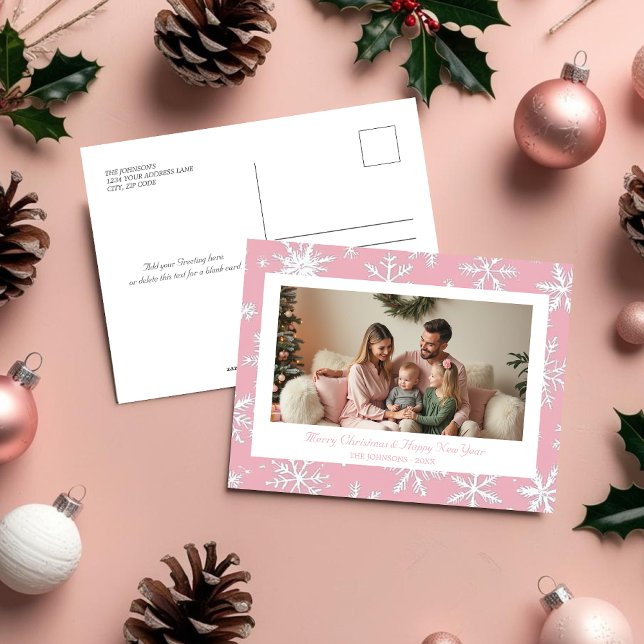 Elégant Pink Snowflakes Photo de vacances Carte po (Elegant Pink Snowflakes Holiday photo Postcard)