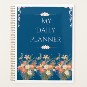 Élégant Planificateur Quotidien Floral Bleu Marine