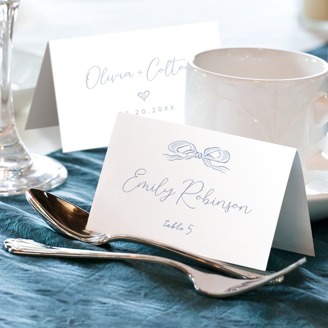 Élégant pliable mariage carte de table poussiéreux (Elegant Dusty Blue Hand Drawn Bow Wedding Foldable Table Number)
