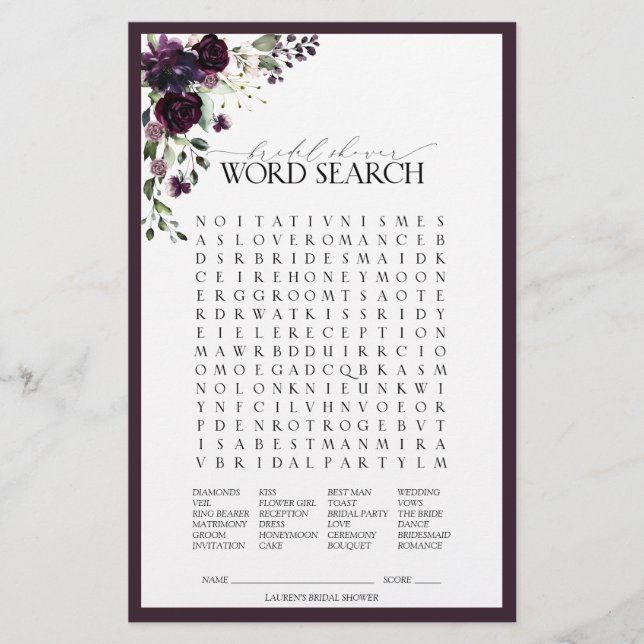 Élégant Plum violet Fête des mariées florale Jeu (Devant)