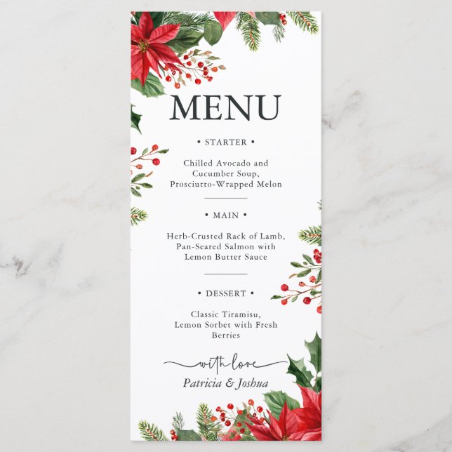 Elegant Poinsettia Christmas Wedding Menu Card (Devant)