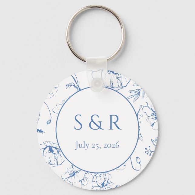 Élégant porte-clés de mariage floral bleu poussiér (Recto)