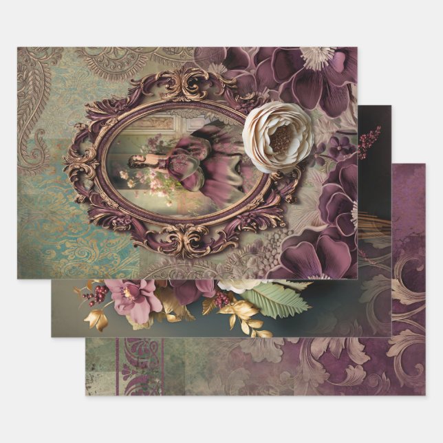 Élégant Portrait Lady, papier floral et Demask (Lot)