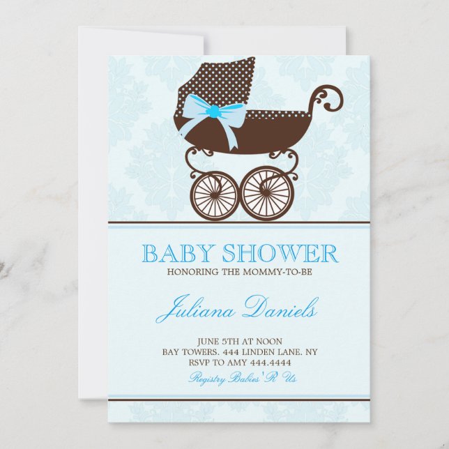 Elégant Pram Boy Baby Shower Invitations (Devant)