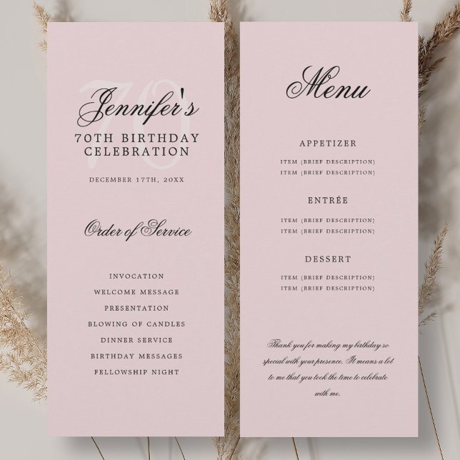 Élégant Programme 70e Anniversaire Rose Pâle Menu+ (Elegant 70th Program Blush Pink Menu+Thank You)
