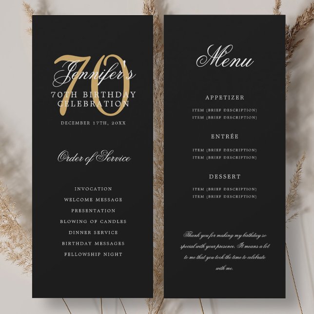 Élégant Programme 70ème Or Noir Menu+Merci (Elegant 70th Program Gold Black Menu+Thank You)