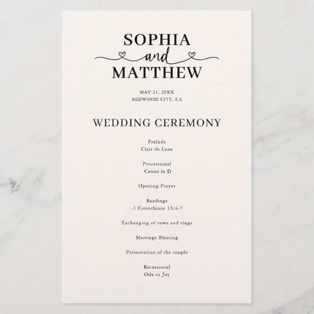 Élégant programme de mariage avec écriture à coeur (Devant)