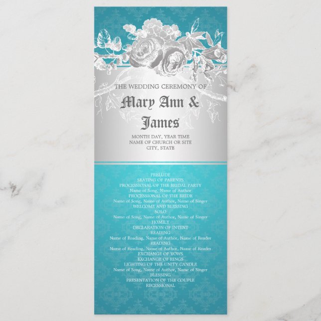 Élégant programme de mariage Baroque Flourish Bleu (Devant)