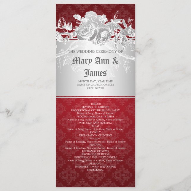 Élégant programme de mariage Baroque Flourish Red (Devant)