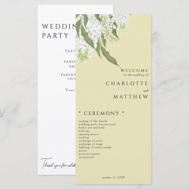 Élégant programme de mariage blanc floral jaune (Devant / Derrière)