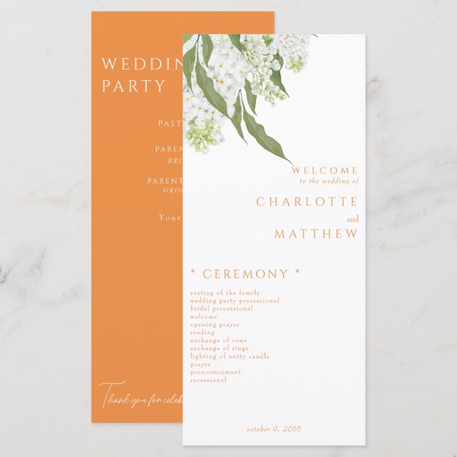 Élégant programme de mariage blanc floral orange (Devant / Derrière)