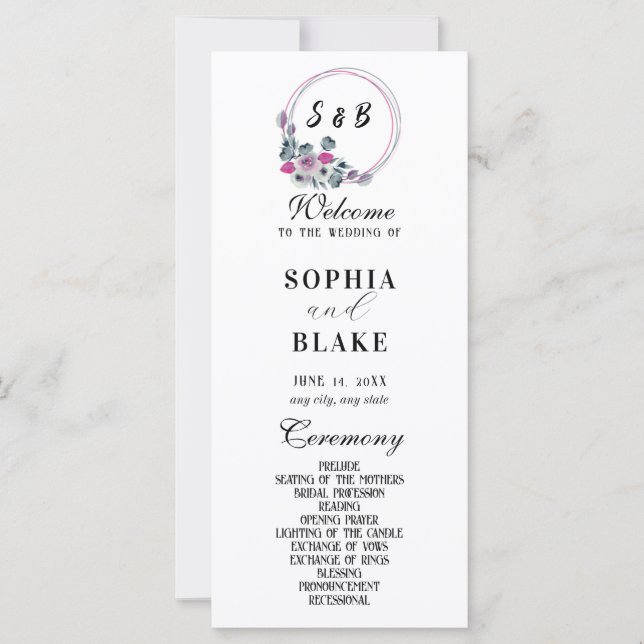 Élégant programme de mariage blanc monographique f (Devant)