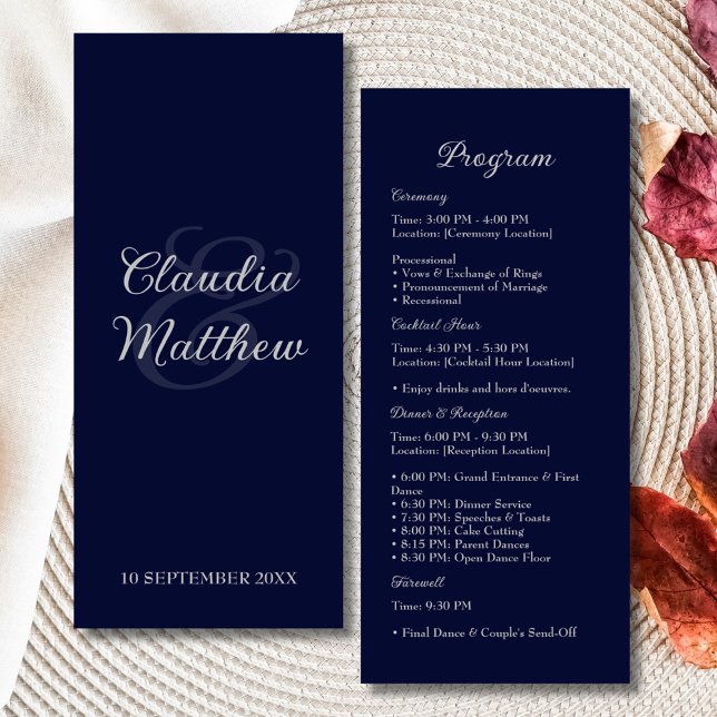 Élégant programme de mariage bleu et argent de la  (Elegant Navy Blue and Silver Script Wedding Program)