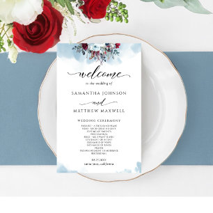 Élégant programme de mariage bleu floral et bordea